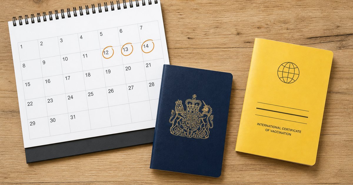 A calendar, passport and vaccination record laid out for trip planning