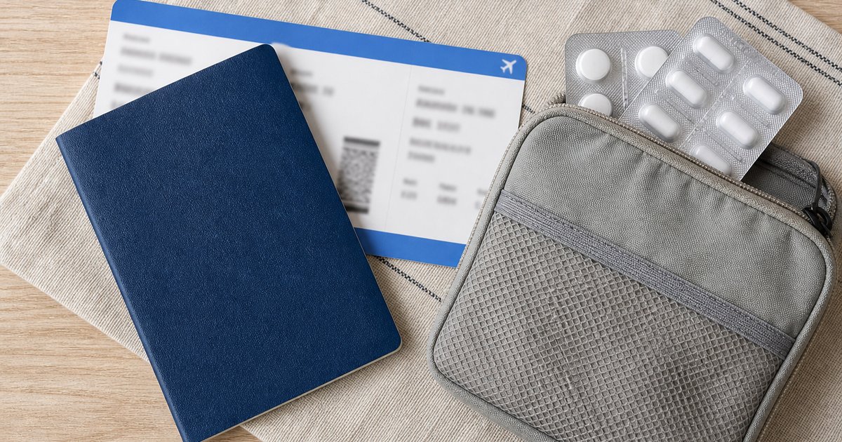 A passport, travel documents and a small medicine pouch on a table